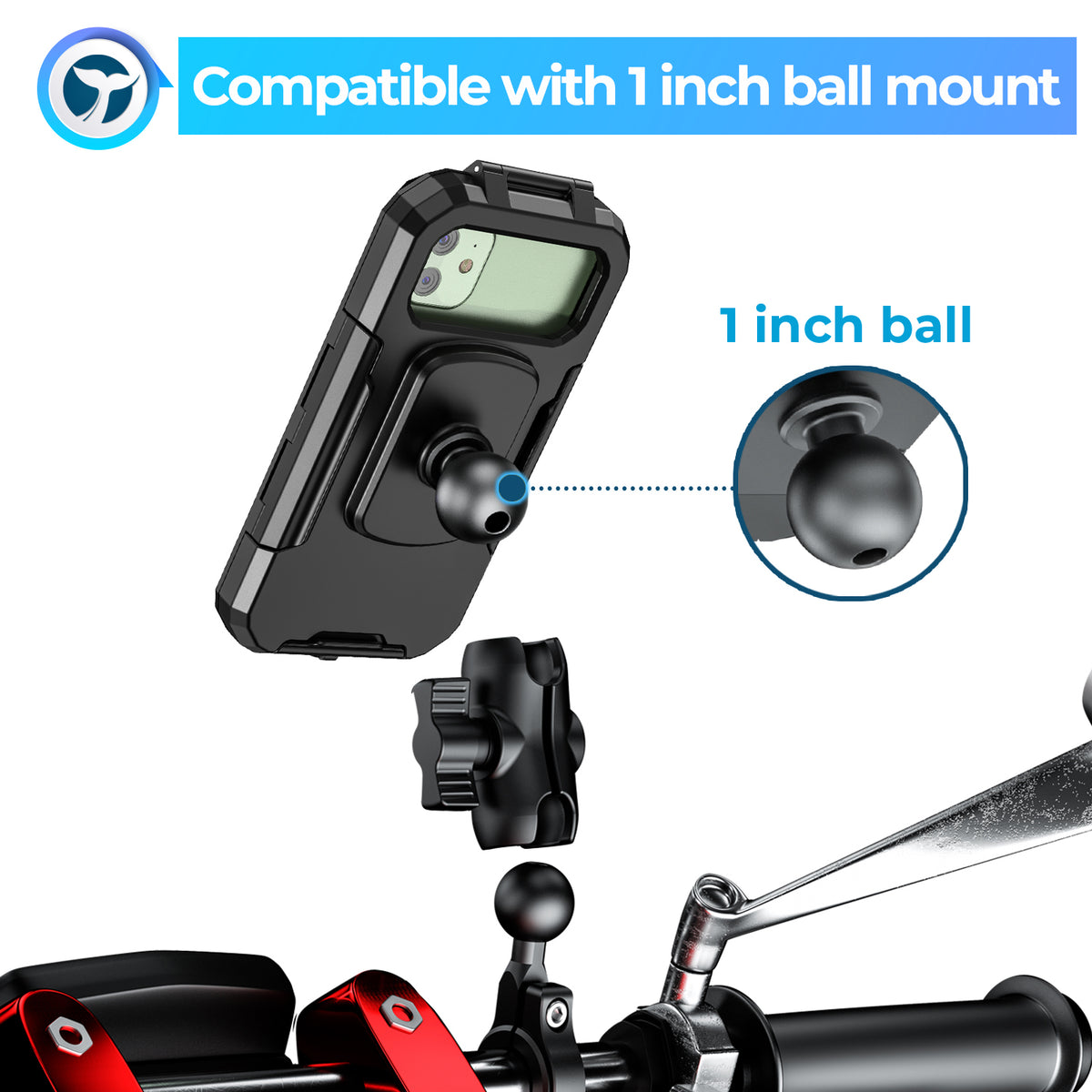 Orcas Motorbike Phone Holder Waterproof - 1 inch ball mount